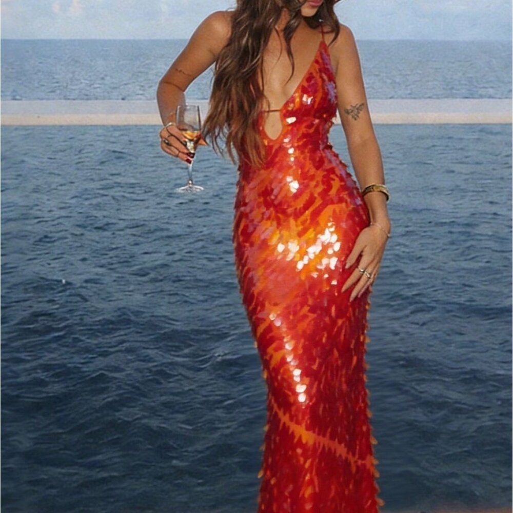 Red Sequin Formal Women's V-Neck Sleeveless Maxi Prom Dress